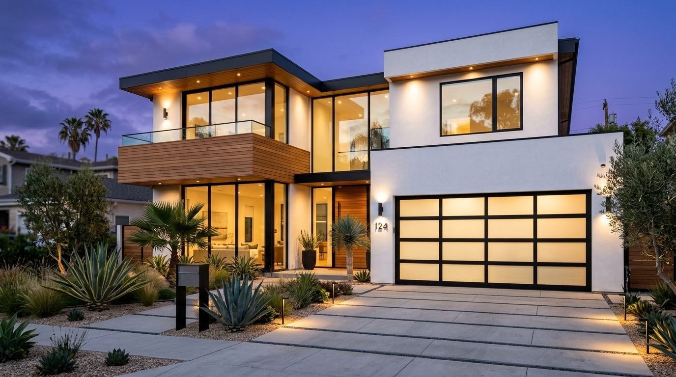 Fady Affordable Garage Door Exterior Closed Garage Door at Twilight